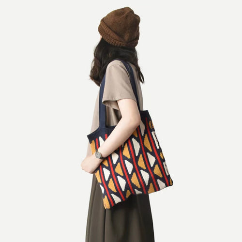 Geometric Contrast Color Knitted Tote Bag
