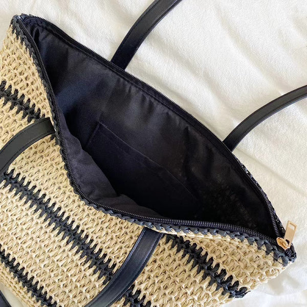 Woven Straw Tote Bag in Black Stripe