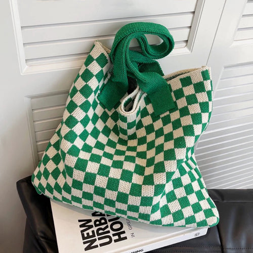 White Checkered Pattern Tote Bag