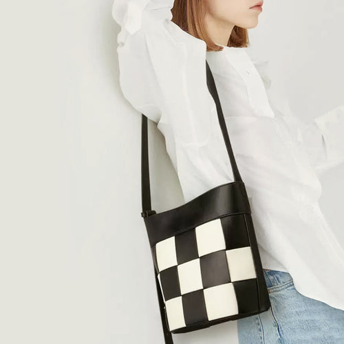 Checkered Woven Leather Bucket Bag