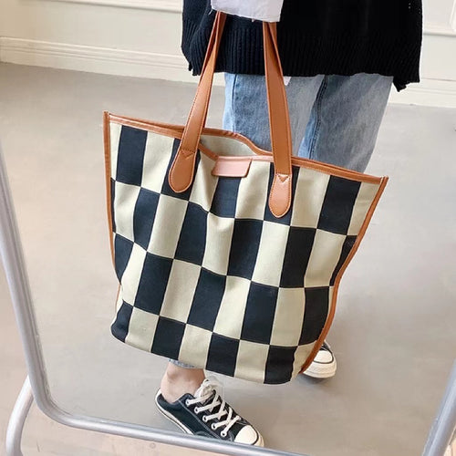 Borsa tote grande in tela a scacchi
