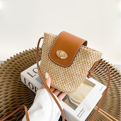 Mini PU Mix Raffia Straw Bucket Crossbody Bag