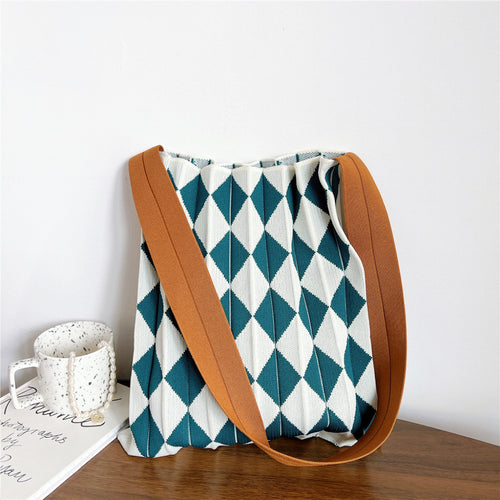 Foldable Argyle Knitted Tote Bag