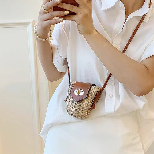Mini PU Mix Raffia Straw Bucket Crossbody Bag