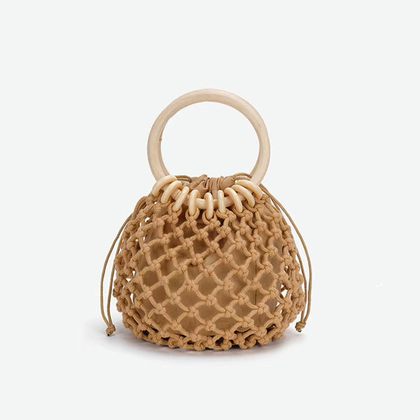 Small Crochet Rope Handbag With Wooden Ring