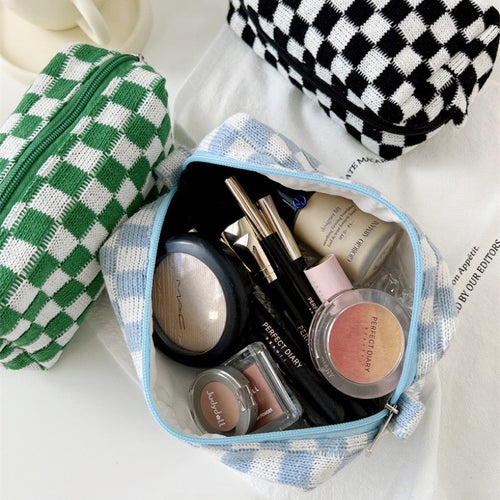Luxury Checkered Make Up Bag, PU Vegan Leather Cosmetic Toiletry Travel Bag  