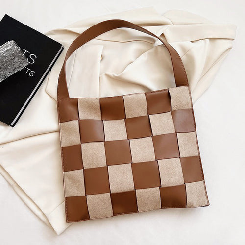 Checkered Woven Leather Shoulder Bag