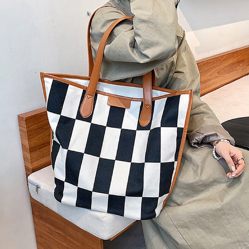 Borsa tote grande in tela a scacchi