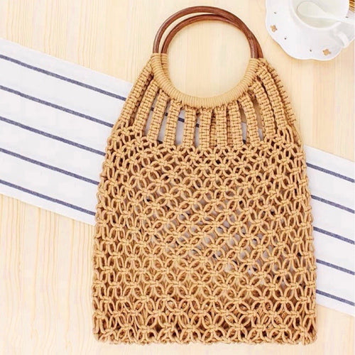 Crochet Rope Handbag With Wooden Ring