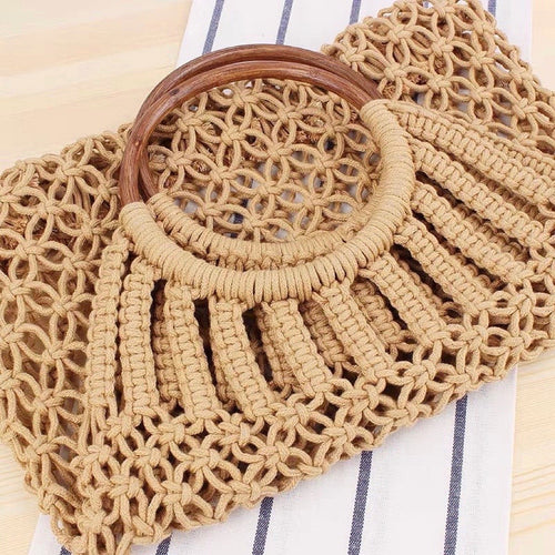 Crochet Rope Handbag With Wooden Ring