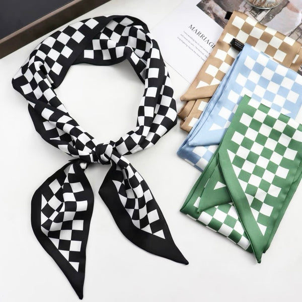 Checkered Silk Like Skinny Scarf