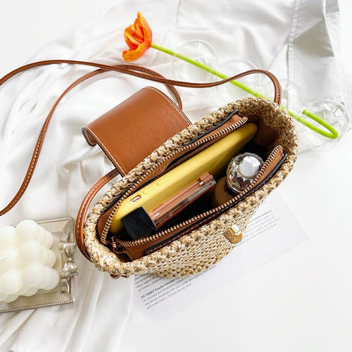 Mini PU Mix Raffia Straw Bucket Crossbody Bag