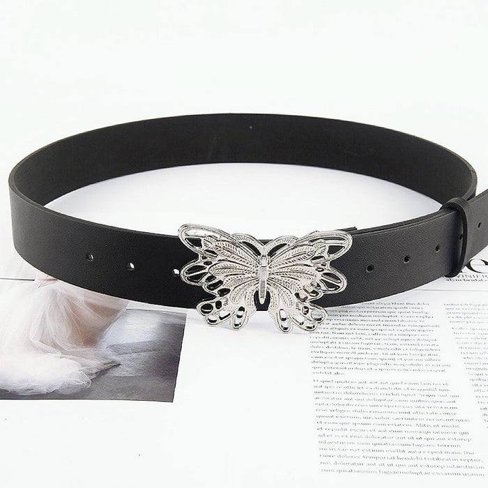 Black PU leather belt with a large, intricate silver metal butterfly buckle.