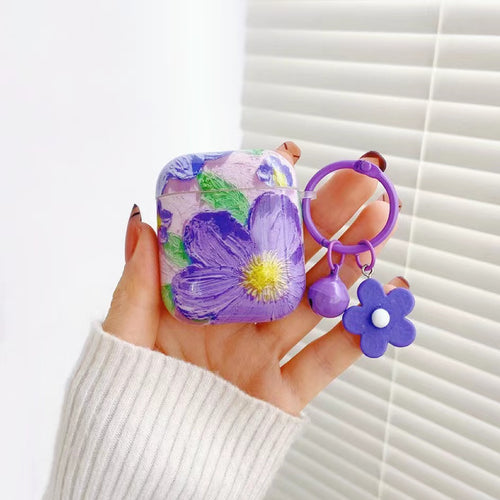 Cover per AirPods con fiore dipinto a olio in viola