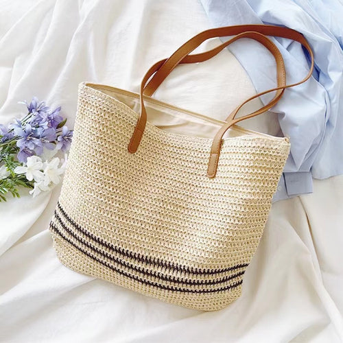 Woven Straw Tote Bag in Beige