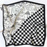 Front view of black and white satin square scarf with a checkered and abstract pattern, great for office layering.
