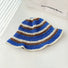 Front view of blue striped foldable straw hat. Refreshing nautical theme for comfortable travel and sunhat.