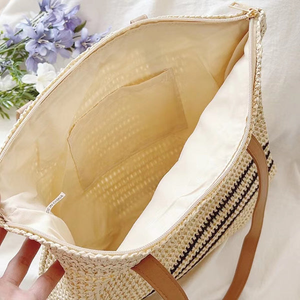 Sac fourre-tout en paille tressée beige