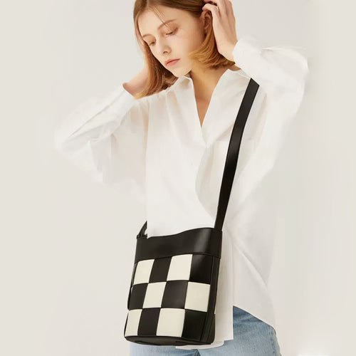 Checkered Woven Leather Bucket Bag