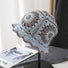 Front view of blue grey Floral Crochet Hat. Artistic multi-tone design for a unique fashion statement.