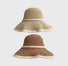 Woven straw sun hats in beige and khaki with elegant pearl-beaded bands for vacations.