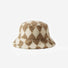 Front view of Sherpa Diamond Check Bucket Hat in khaki, displays elegant diamond motifs in high-density fleece.