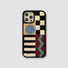 Front view of soft sherpa fleece phone case with multi combination geometric embroidery patterns.