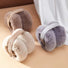 Grey, camel and coffee brown plush earmuffs displayed; showing the high-density faux fur texture.